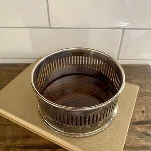 Vintage Mid Century Modern LANDES Round Silverplate Wood Laminate Retro Serving